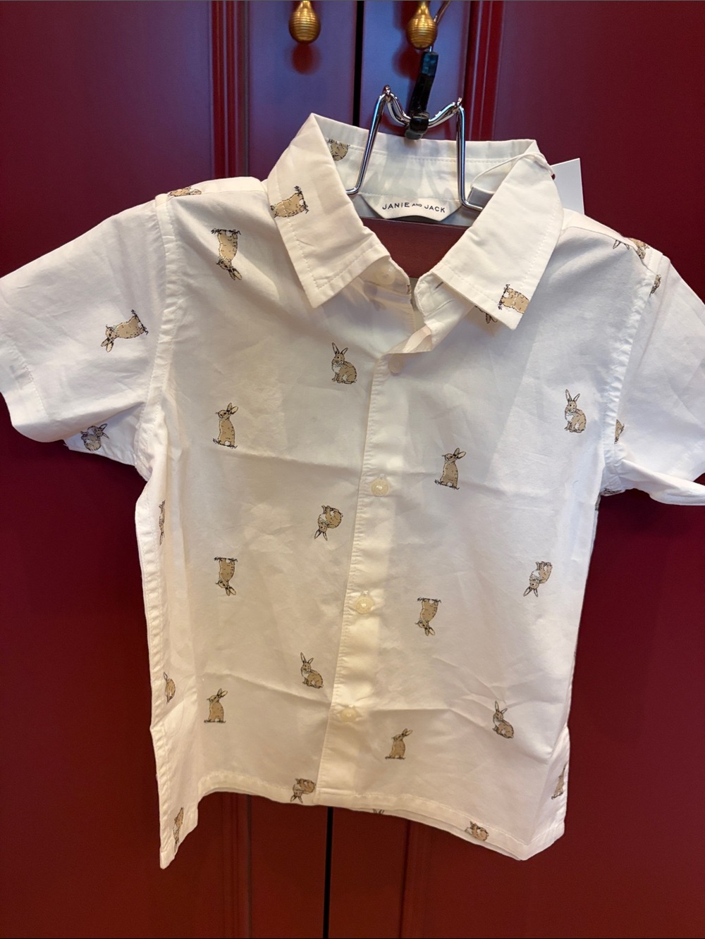 Janie and Jack Cream Short-Sleeve Button-Down Shirt with Brown Bunny Print